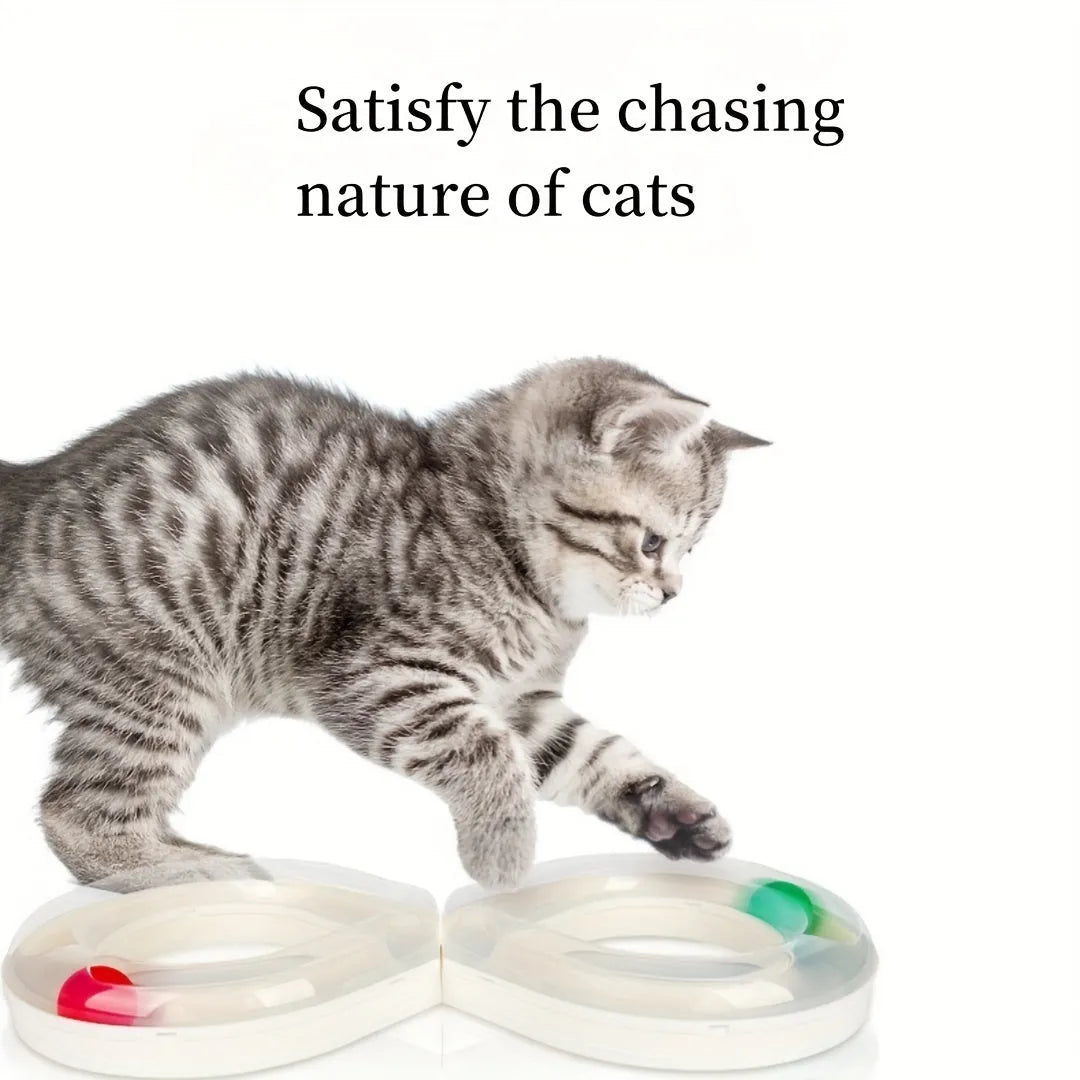 Blue and white cat turntable track toy with ball and teasing stick