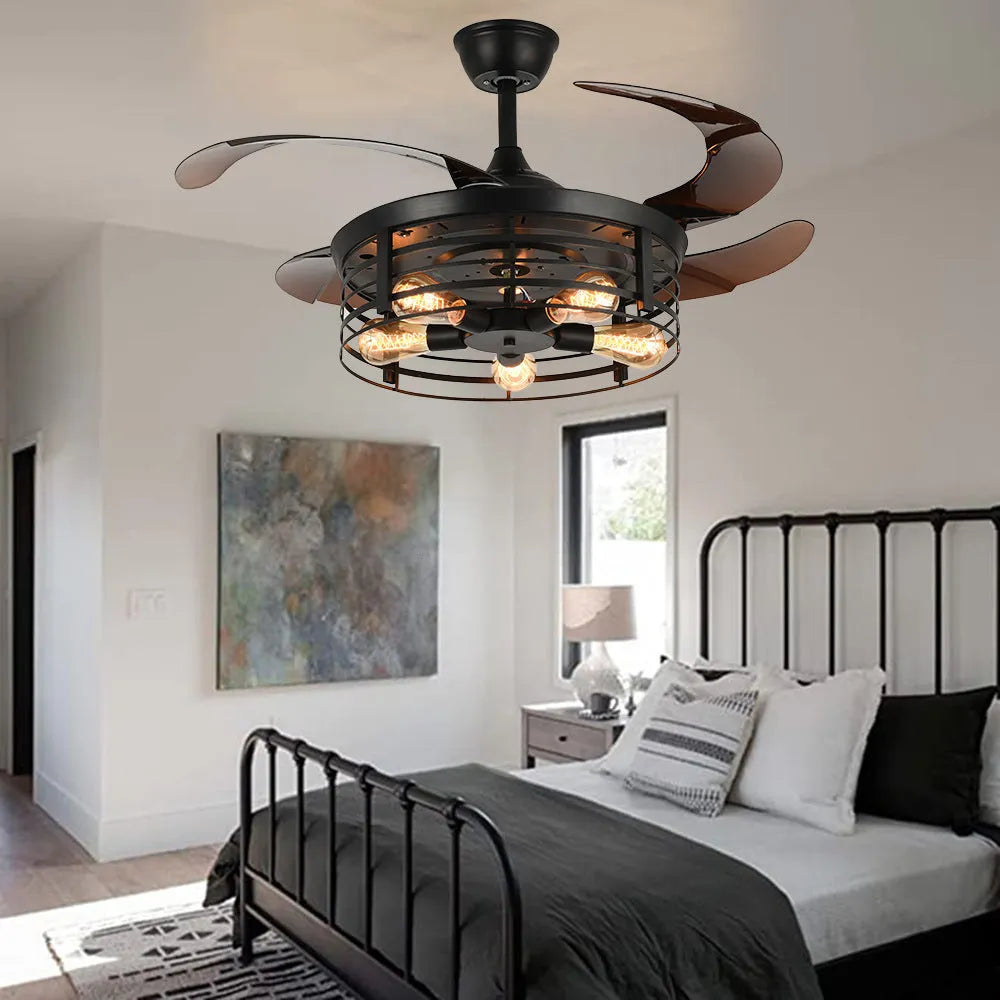 American retro style ceiling fan lamp with remote control on a white background, showing acrylic shade and concealed blades.