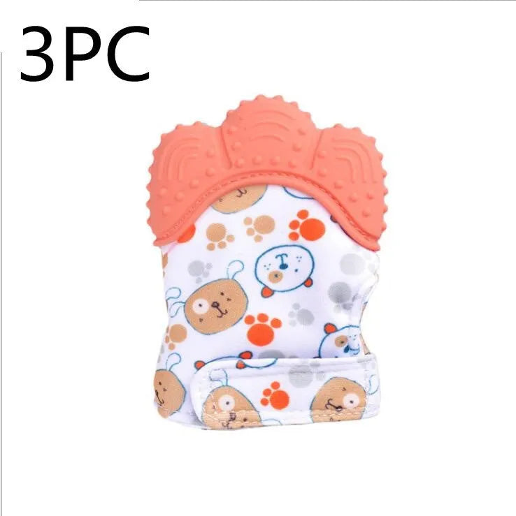 Baby silicone teething glove with Velcro strap in a smiley face yellow design.