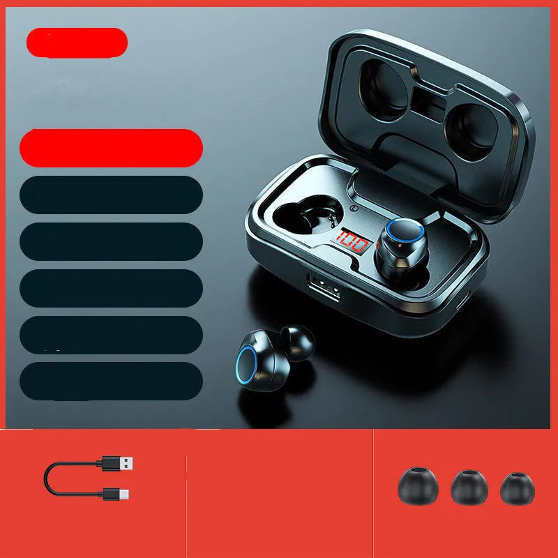 Black wireless Bluetooth in-ear earphones with a charging case on a table.