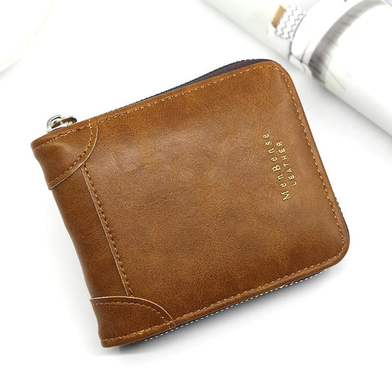 Men's short zipper coin purse in PU leather, available in black, dark brown, and light brown