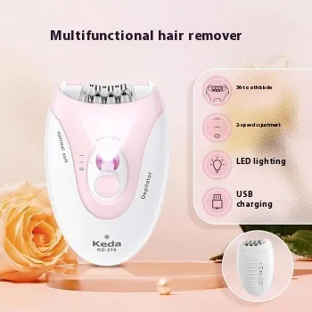 KEDA-216 coloured USB electric epilator for body hair removal with included charger and cleaning brush