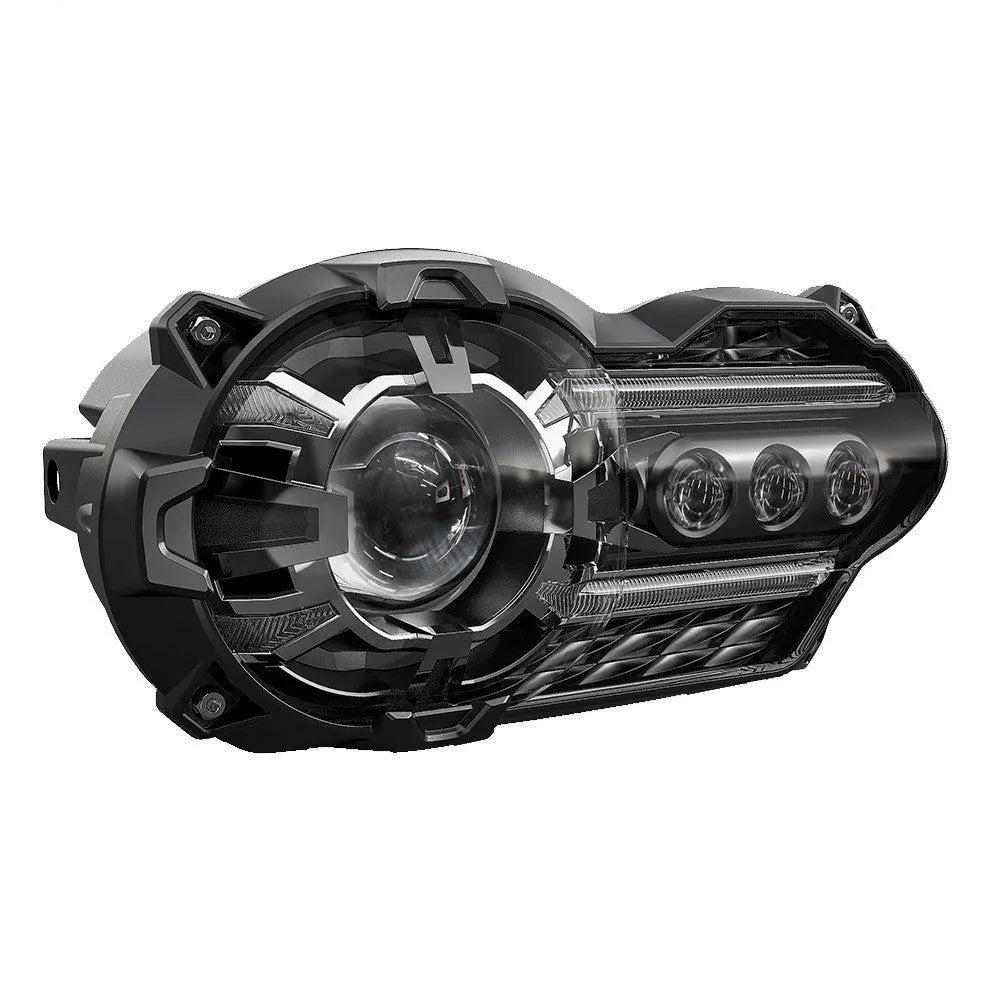 Black background LED motorcycle headlight unit showing front lens and housing.