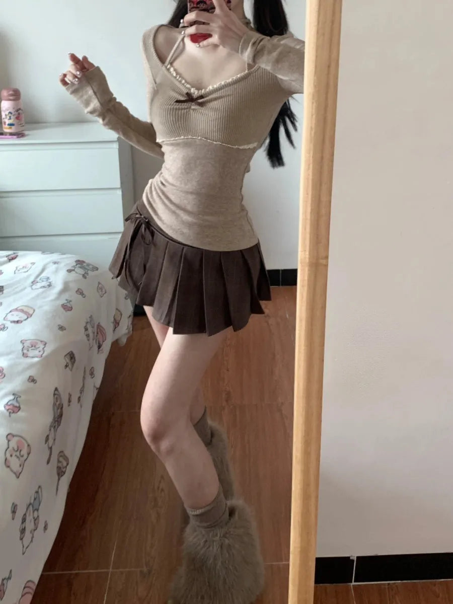 Halter lace V-neck sweater women's spring slim fit milk tea colour top front view