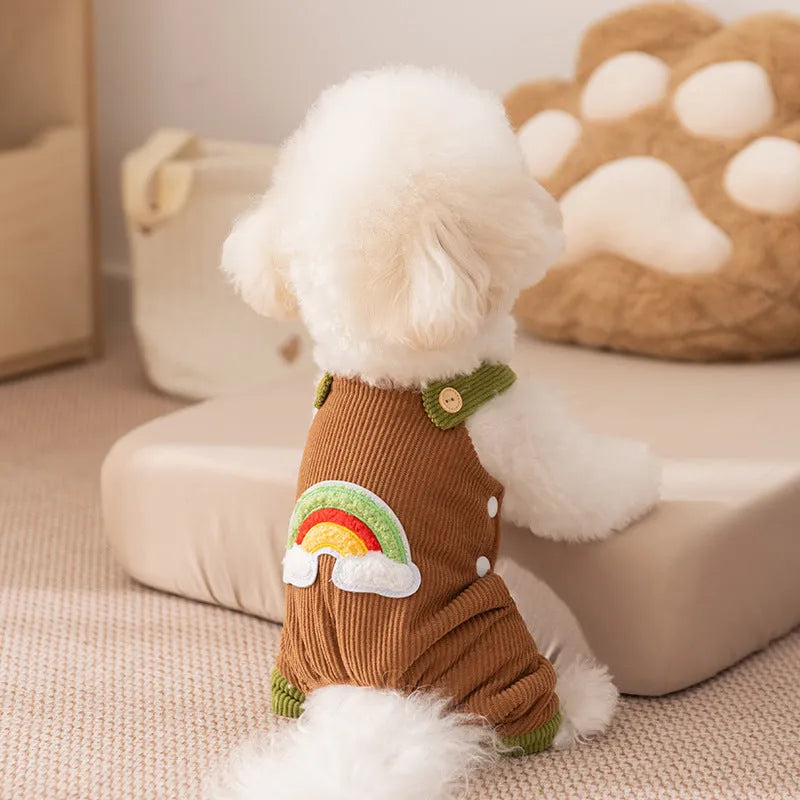 Small dog wearing beige corduroy overalls with rainbow print, autumn winter outfit