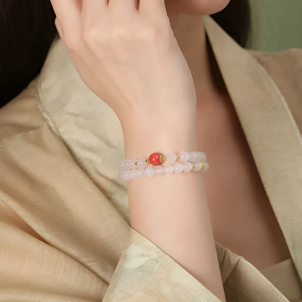 White agate double layer women's bracelet with jequirity bean cinnabar charm and geometric beads