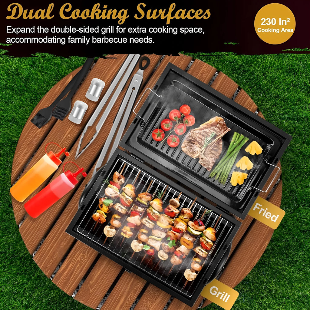 Small metal folding desktop barbecue charcoal stove with grill.