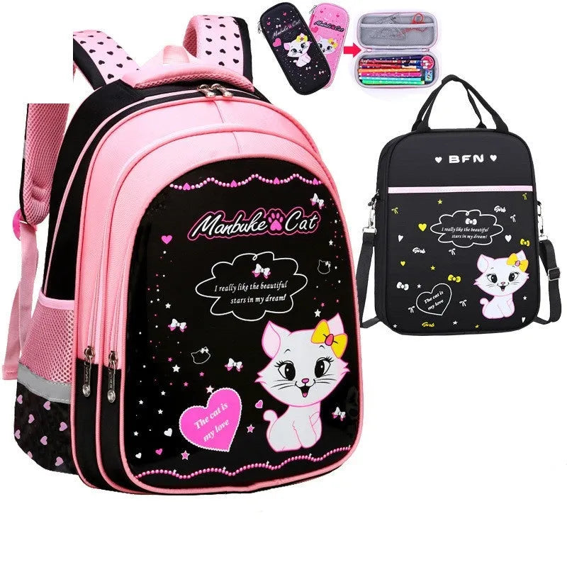 Kids school cute cat print nylon backpack with zipper opening and load-reducing design, available in large and small sizes