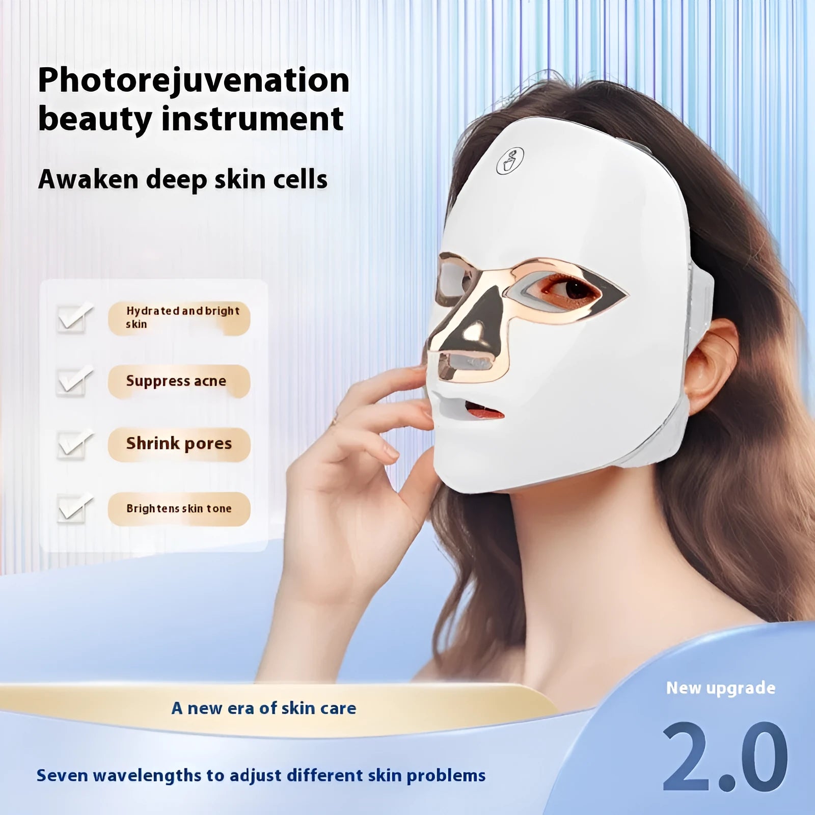 Rechargeable manual touch LED beauty mask in black with golden edge, showing facial light therapy device