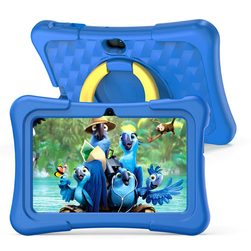 Blue children's 7-inch education tablet with a silicone protective cover and a rotating handle bracket.