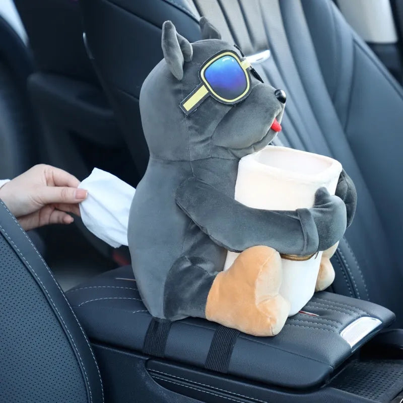 Car tissue box with plush fabric and dog designs hanging from vehicle armrest