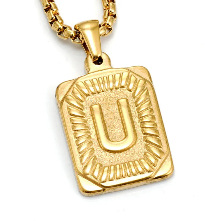 Gold-plated 18K titanium steel letter pendant necklace on a pearl chain, unisex design, gold colour