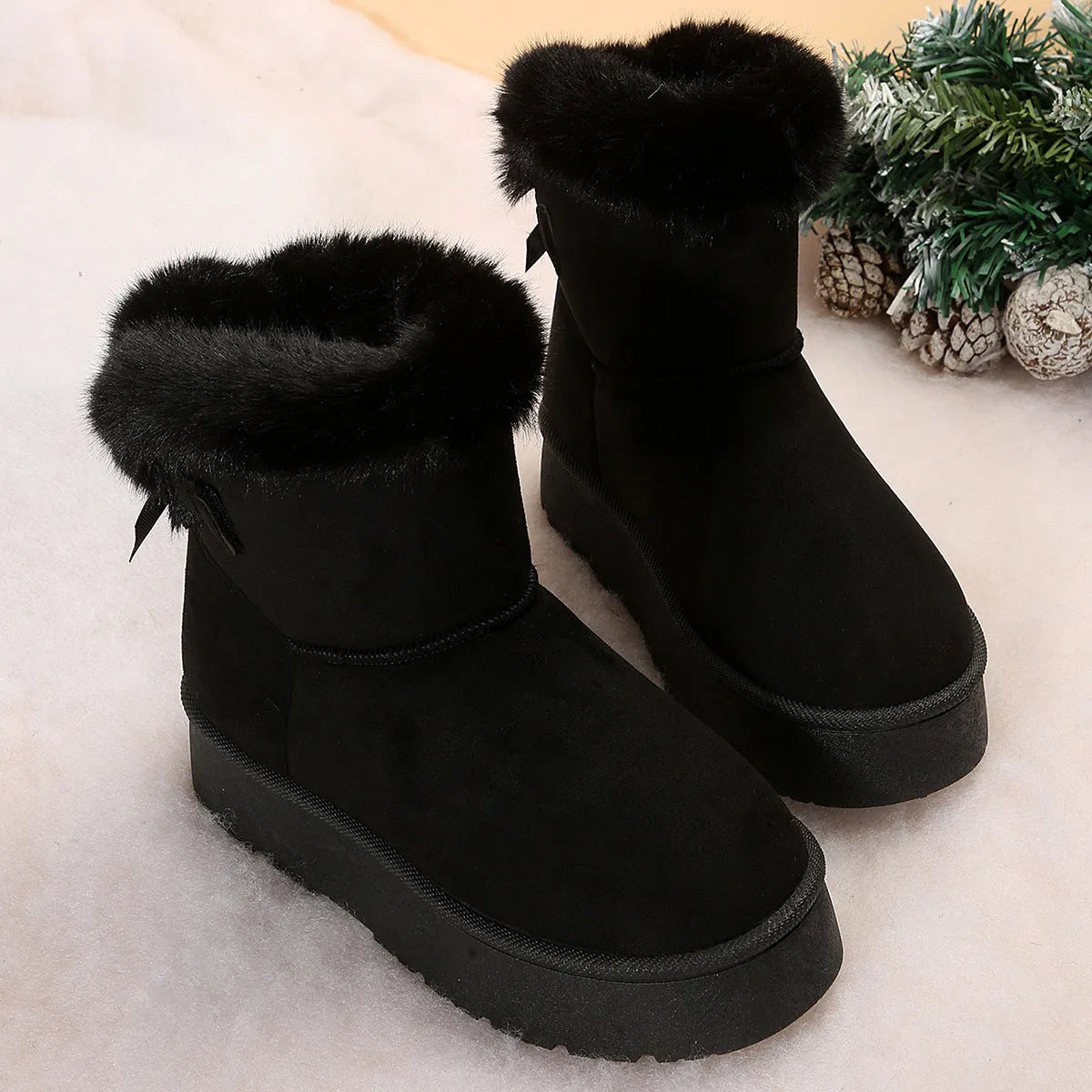 Black artificial PU winter snow boots for women with bowknot and Velcro closure