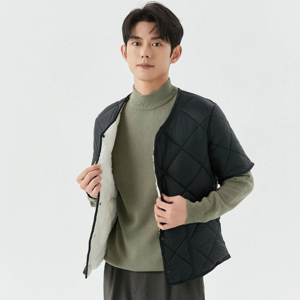 Nylon men's cardigan jacket with wool lining in dark gray, front view