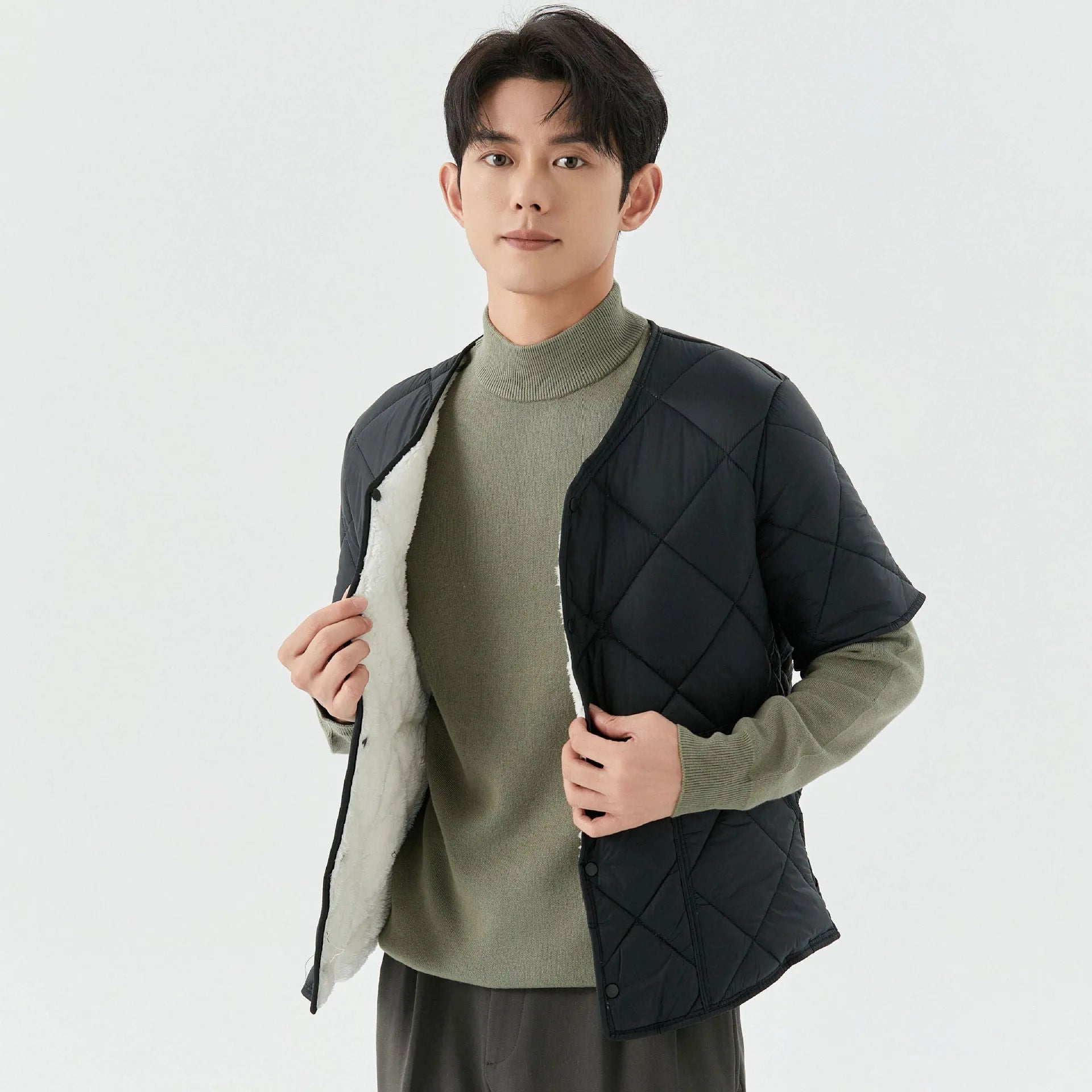 Nylon men's cardigan jacket with wool lining in dark gray, front view