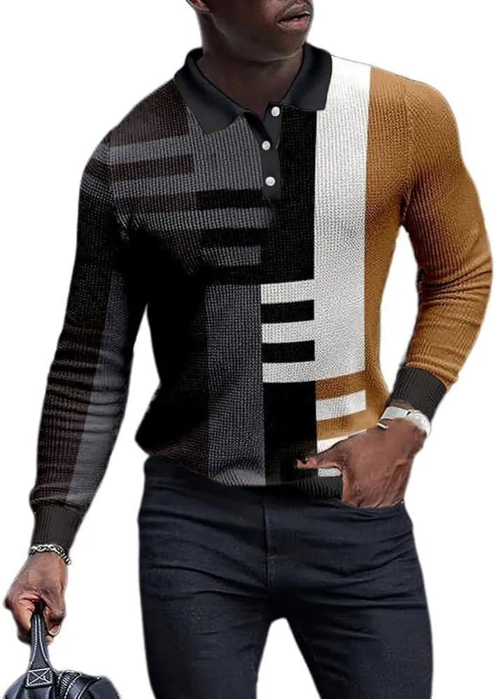 Men's grey long sleeve casual top with a black 3D printed striped pattern on the front.