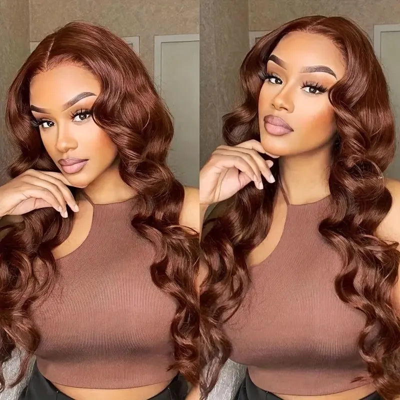 Long curly dark brown front lace wig with side bangs on a model