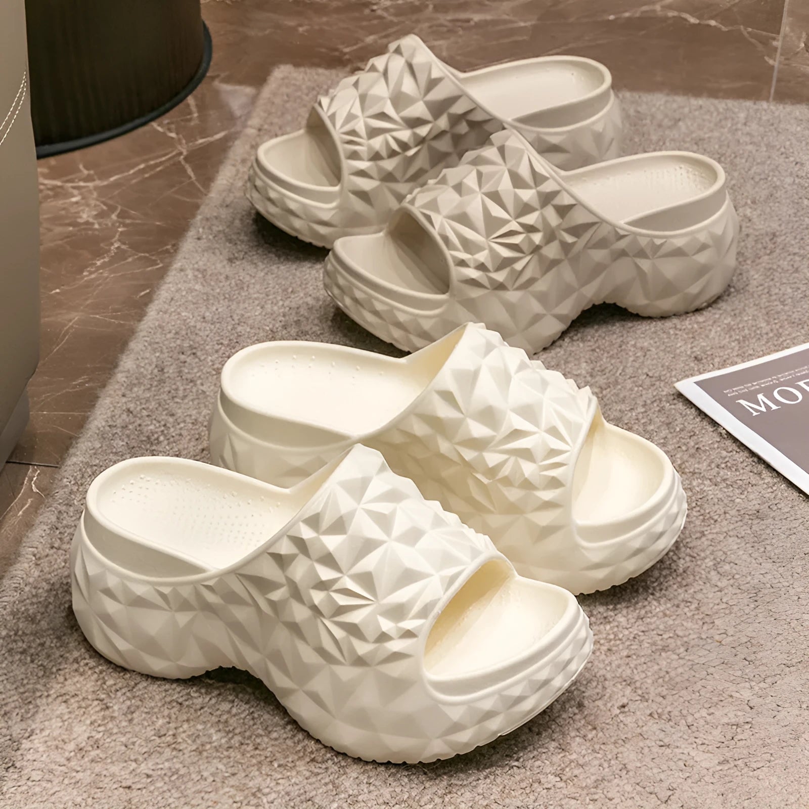 Women's high heel flip flop slippers with a thick EVA sole in khaki, black, and white colour options.
