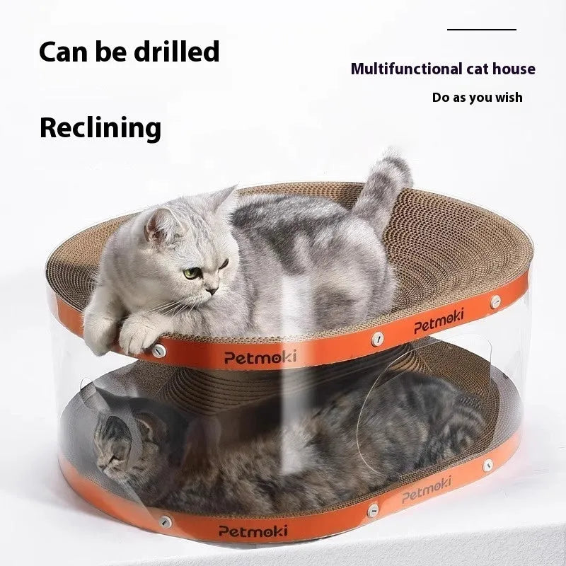 Transparent PVC tunnel attached to a white corrugated cardboard scratch board for cats