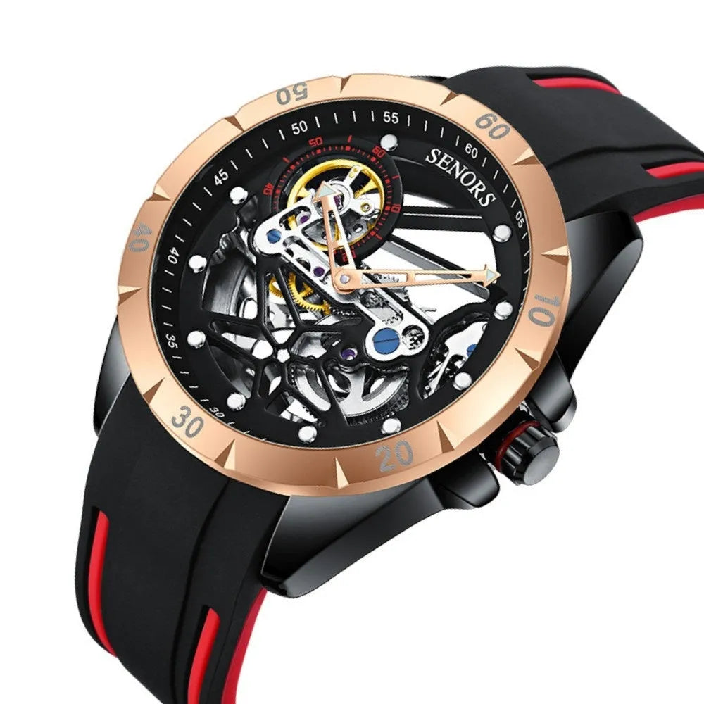 Men's automatic skeleton watch showing mechanical movement through dial, 16mm thickness case, rose gold tone with blue accents