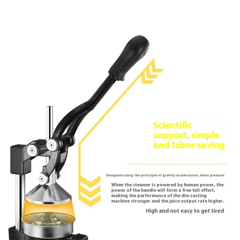 Black and white manual cast iron juice press with stainless steel funnel, standing 40cm high.