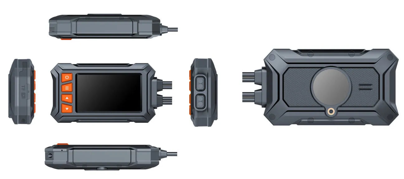 Motorcycle dashcam system with front and rear cameras, 3-inch display, GPS module, and installation cables.