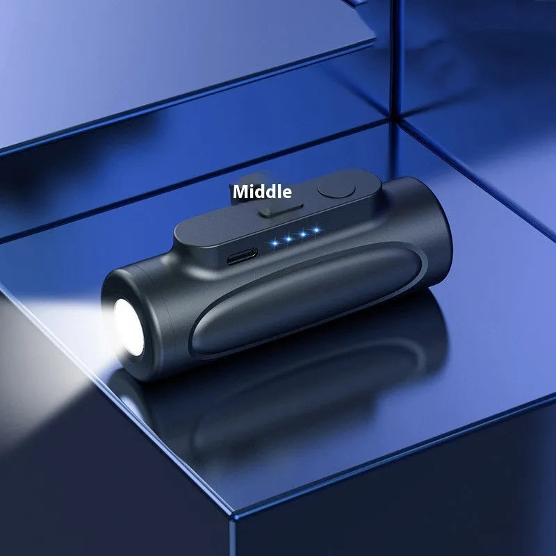 Creative Glare Power Bank with LED flashlight, shown in black and pink, displaying its compact size and charging ports.