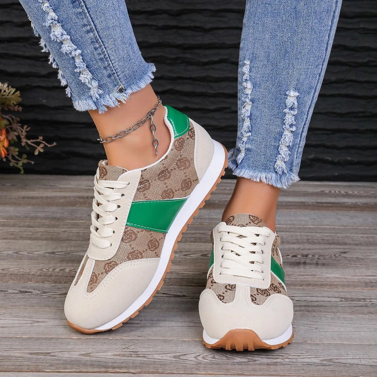 Women's casual lace-up shoes with cross strap in khaki colour showing shallow cut design and rubber sole