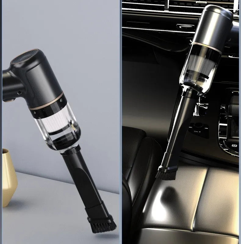 Black wireless car vacuum cleaner with multiple nozzle attachments and inflation function