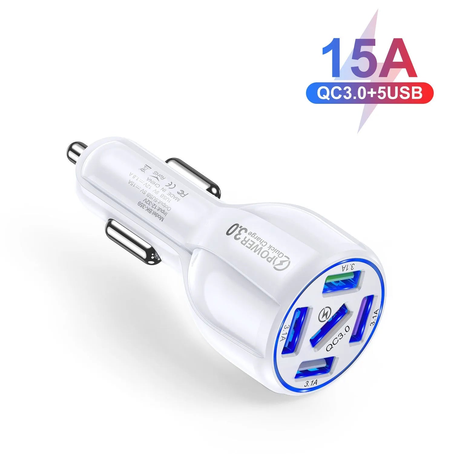 5-port QC3.0 15A USB car charger in black with five USB ports and fast charge label