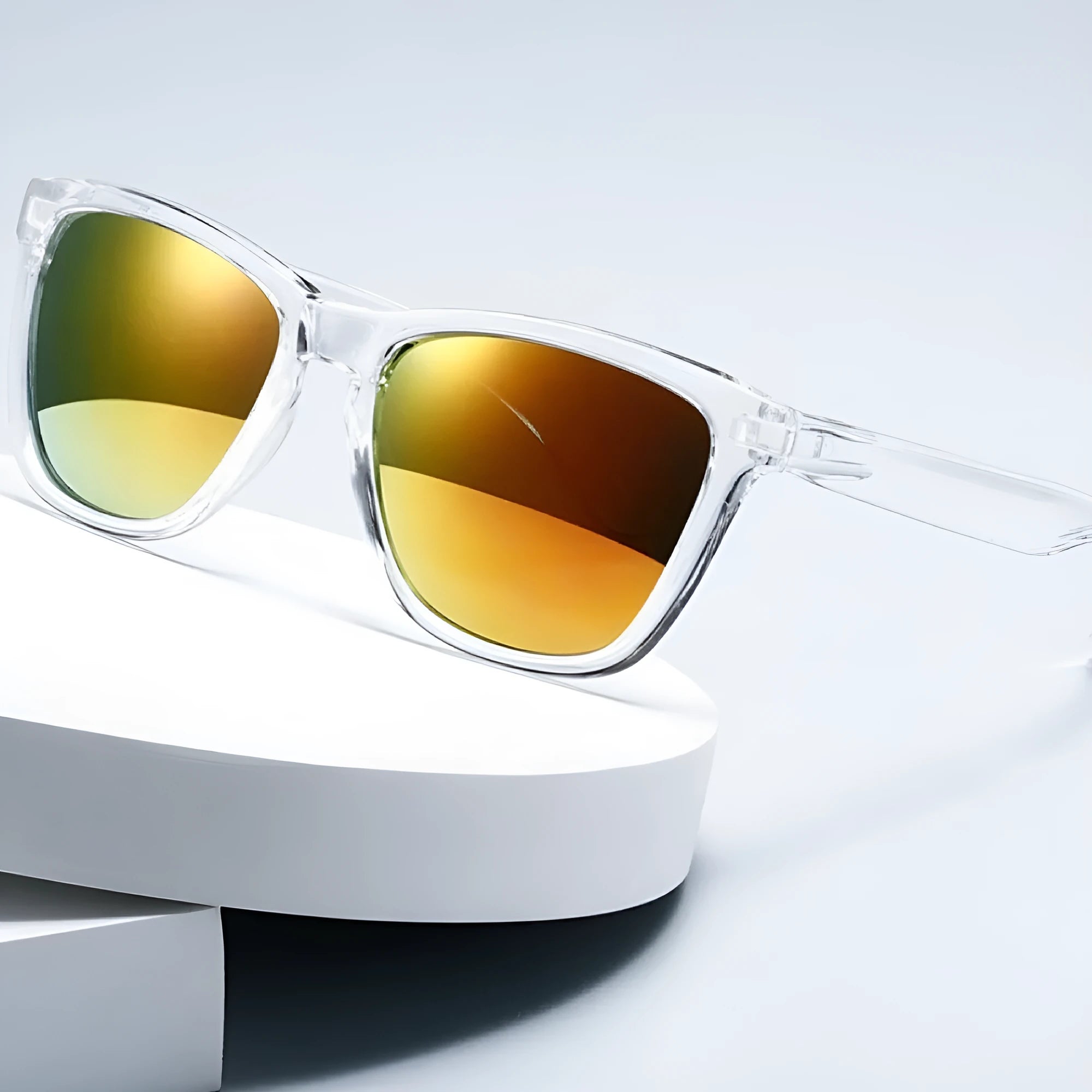 Plastic sun protection glasses in a choice of eight colour and lens combinations on a solid background.