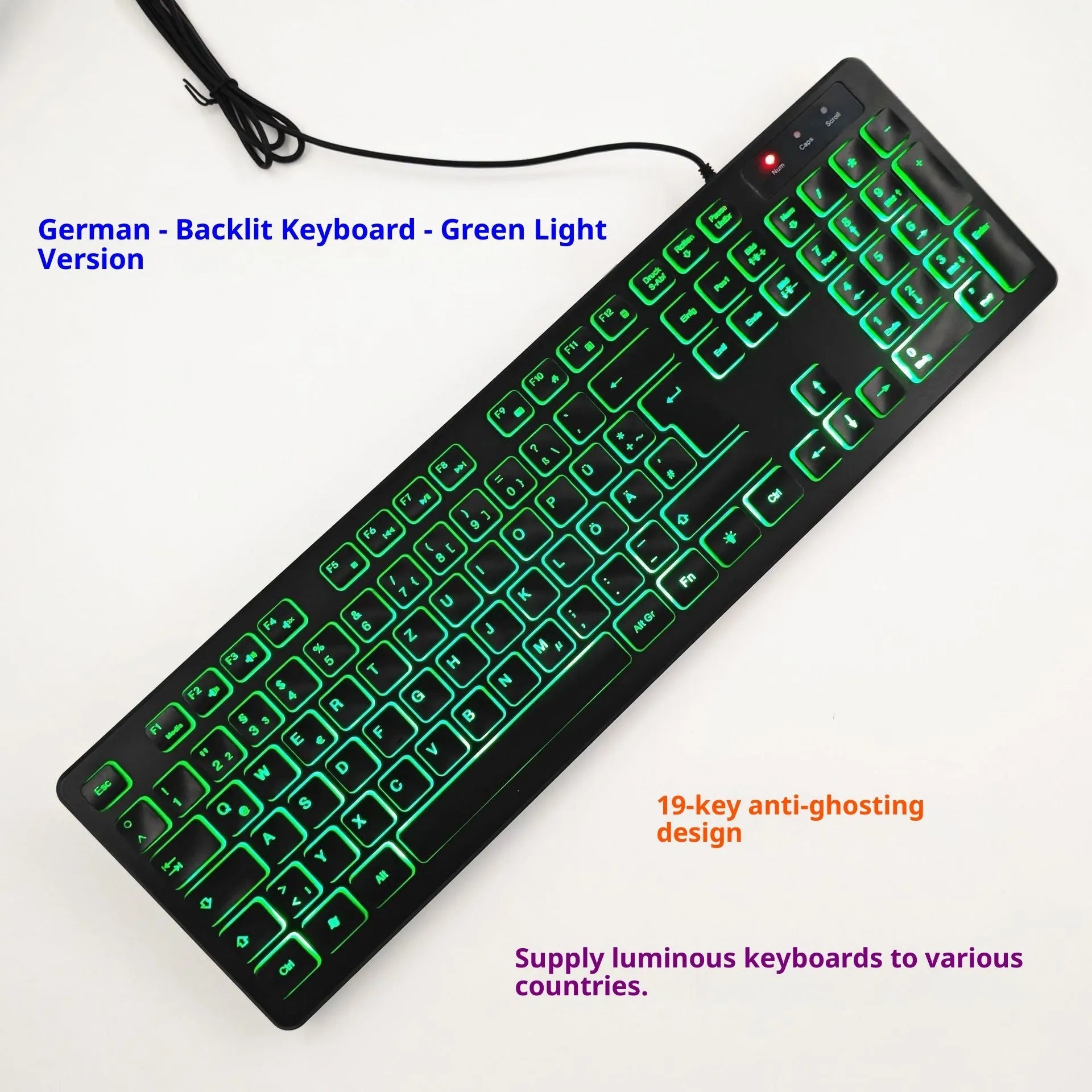 USB wired plastic keyboard with backlight and multilingual key legends in low light
