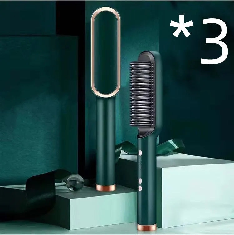 Red and black dual hair straightener and hot comb with digital display and rotating power cord.