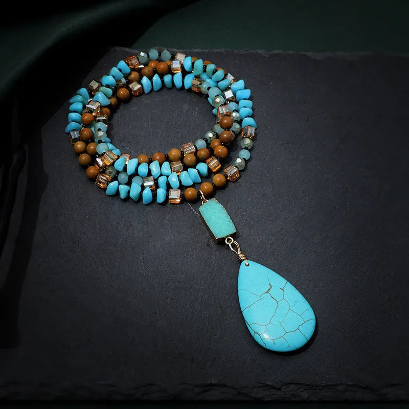 Blue turquoise imitation mineral pendant necklace with heart-shaped drop design on ball bead chain