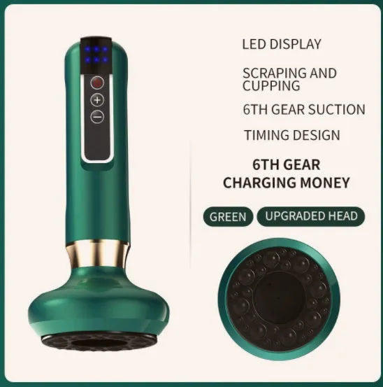 Green electric vacuum cupping massager with USB charger on a white background.
