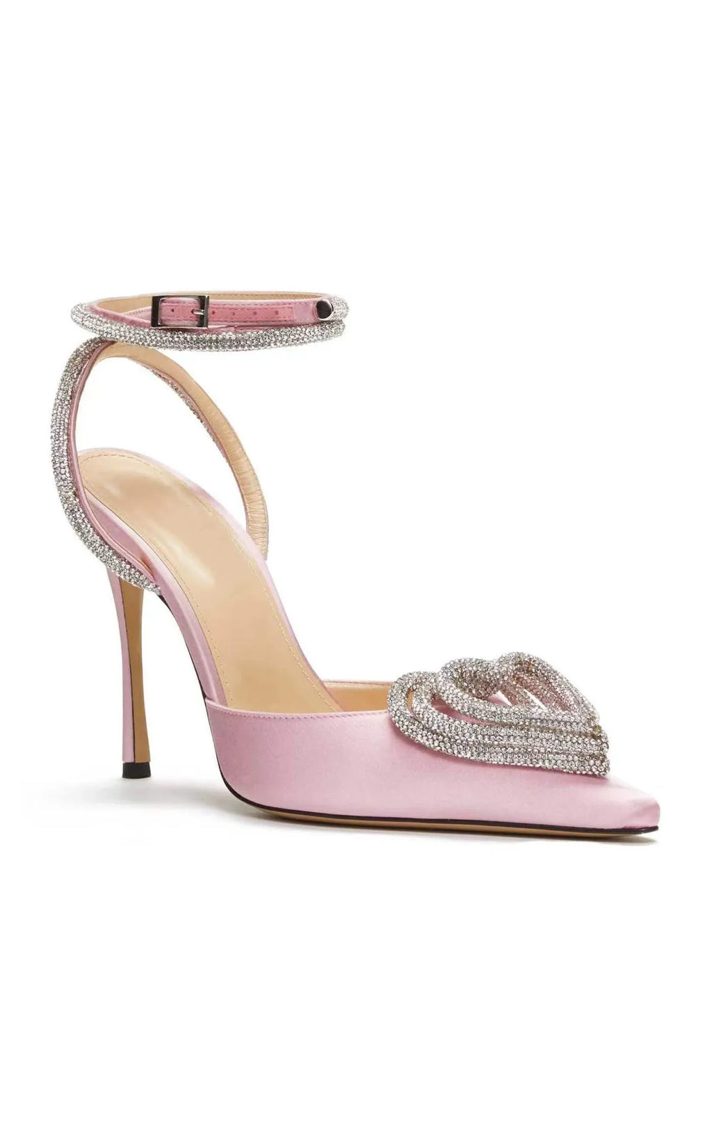 Women's pink heart rhinestone sandals with satin uppers and cross-strap design