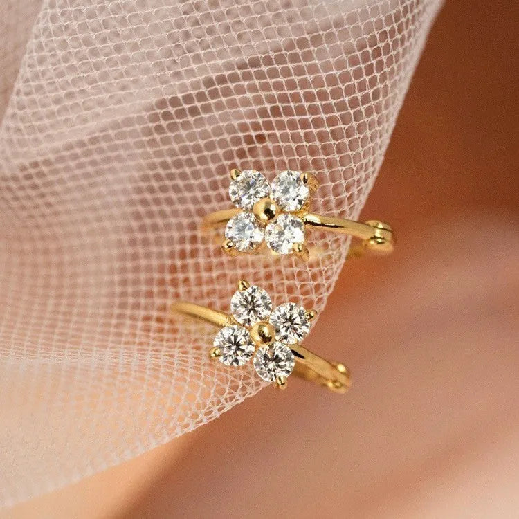 925 silver four-leaf clover zircon buckle earrings for women, gold colour, petal design
