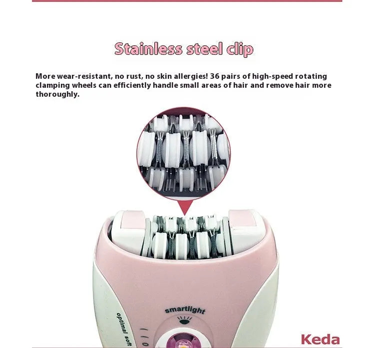 KEDA-216 coloured USB electric epilator for body hair removal with included charger and cleaning brush