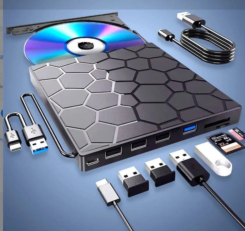 Black USB external CD drive and writer with compact 15.5cm housing