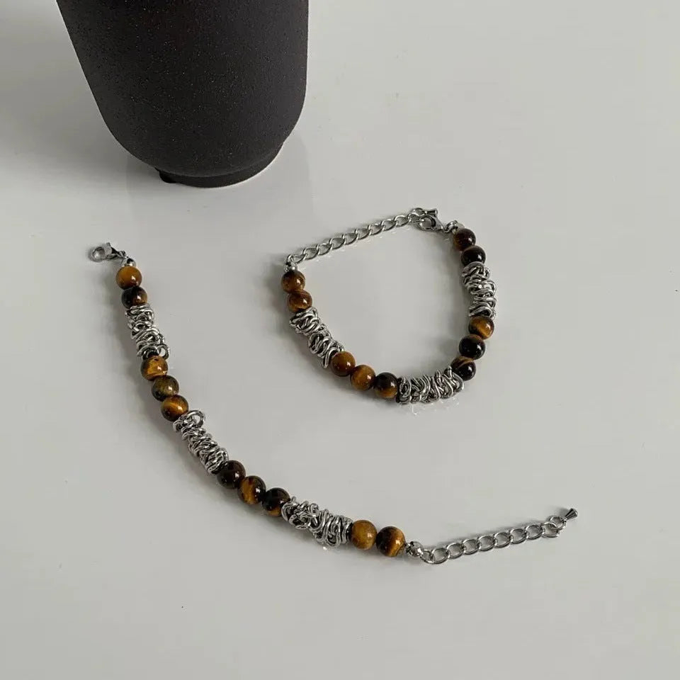 Men's beaded titanium steel bracelet with tigereye chain, geometric shape, unisex design for fashion wear