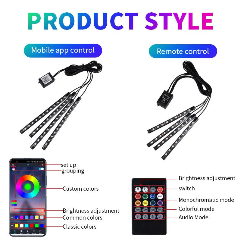 Car interior footwell LED atmosphere lighting kit with 36 lights and controller showing eight colour options