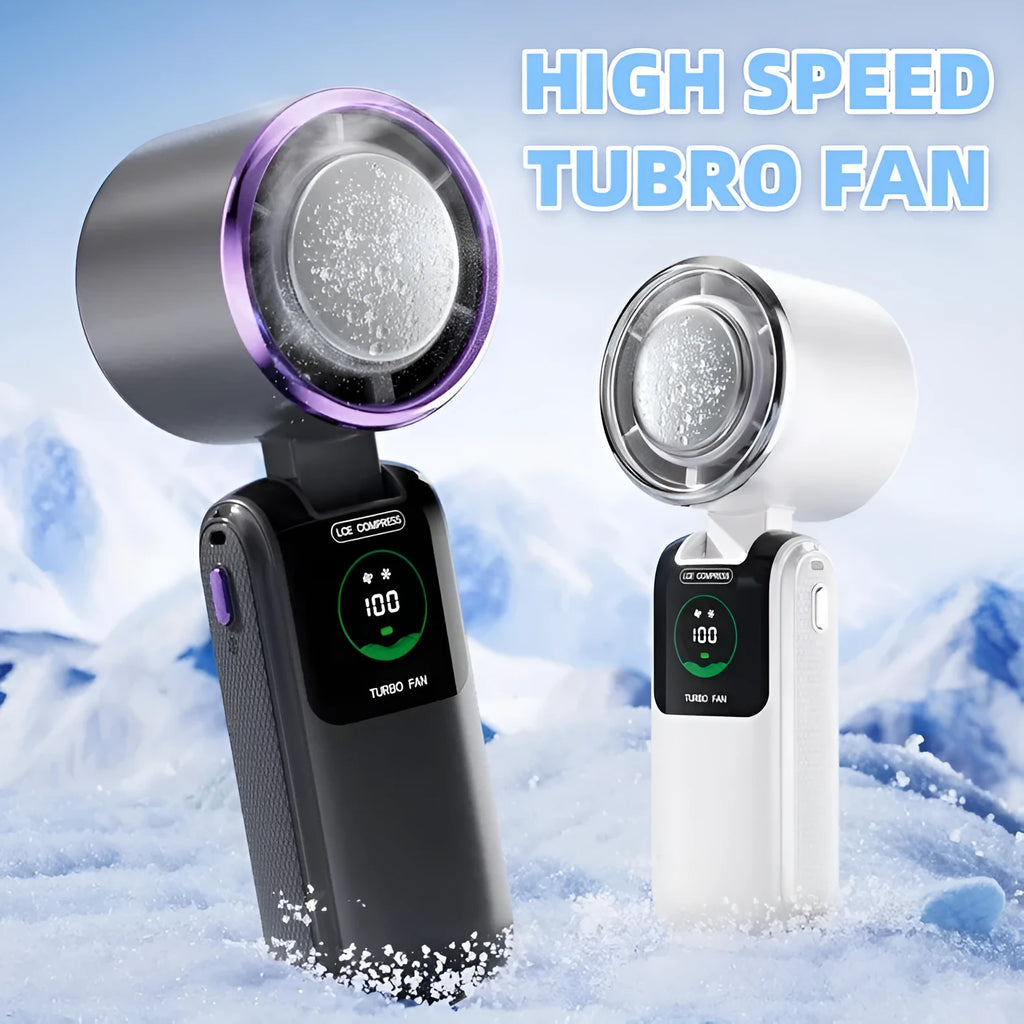 Handheld electric fan with neck strap shown in blue colour, featuring a folding design and USB port.