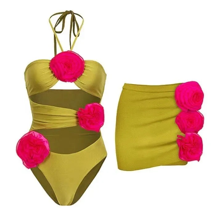 French one-piece solid colour women's bikini swimsuit in polyester with hollow out detail, on female model