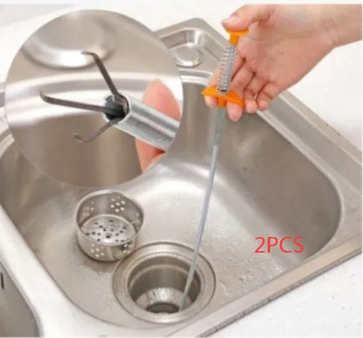 Flexible drain cleaning spring tool with gripped handle for removing hair from pipes