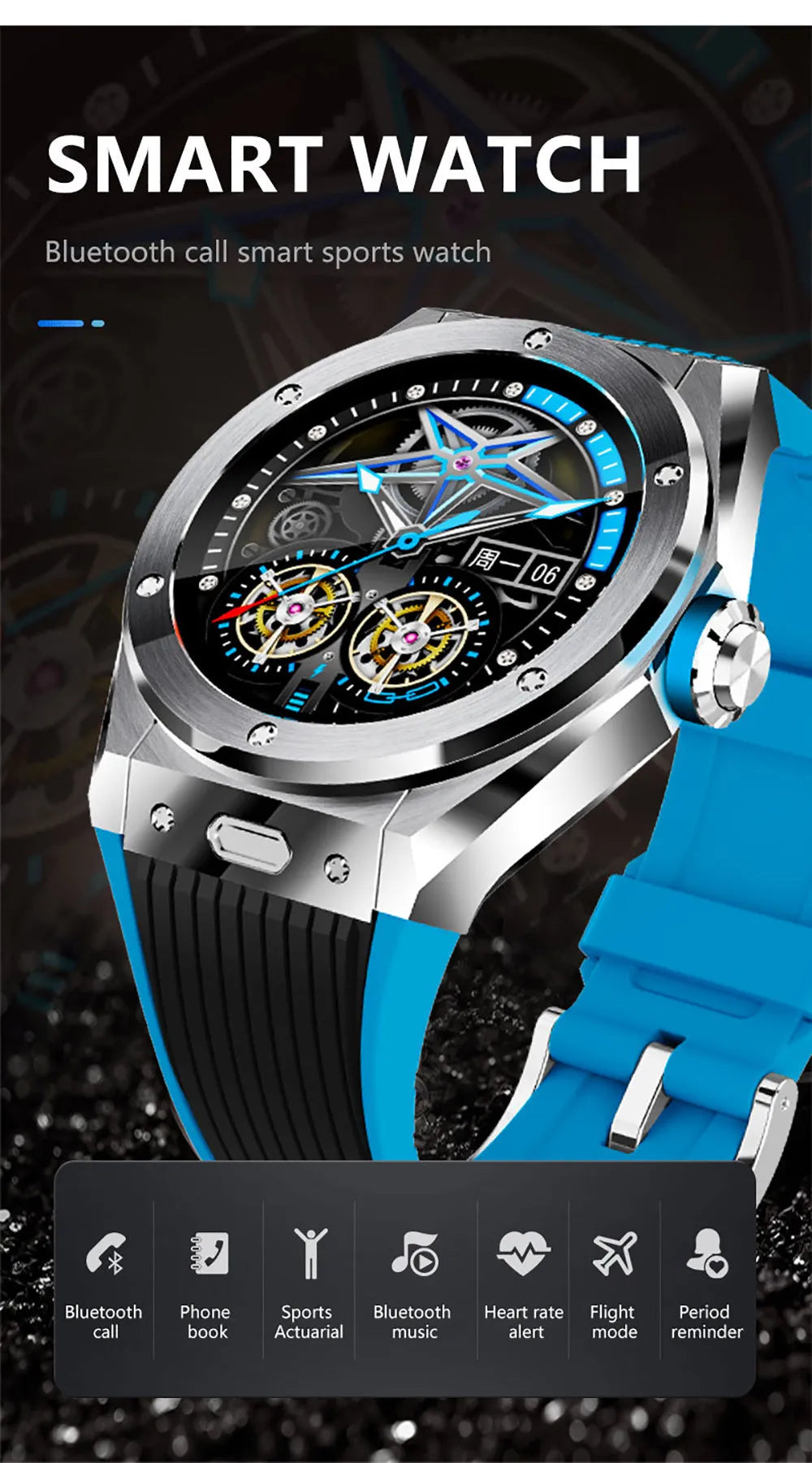 Black smartwatch with Bluetooth call, health monitoring, and a 1.28-inch screen on a silicone sports strap.