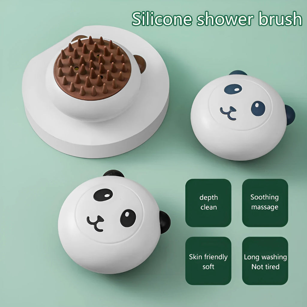 Panda-shaped silicone pet shower brush with soft bristles for bathing cats and dogs