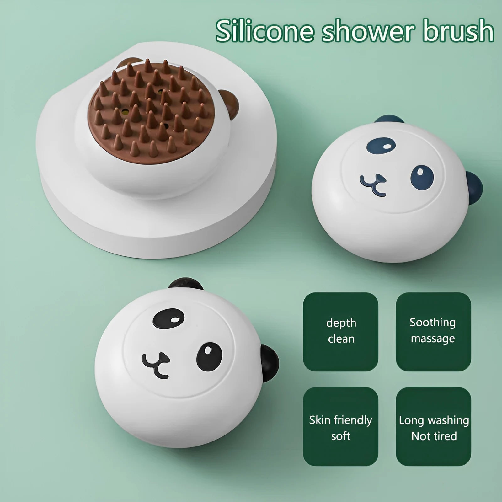 Panda-shaped silicone pet shower brush with soft bristles for bathing cats and dogs