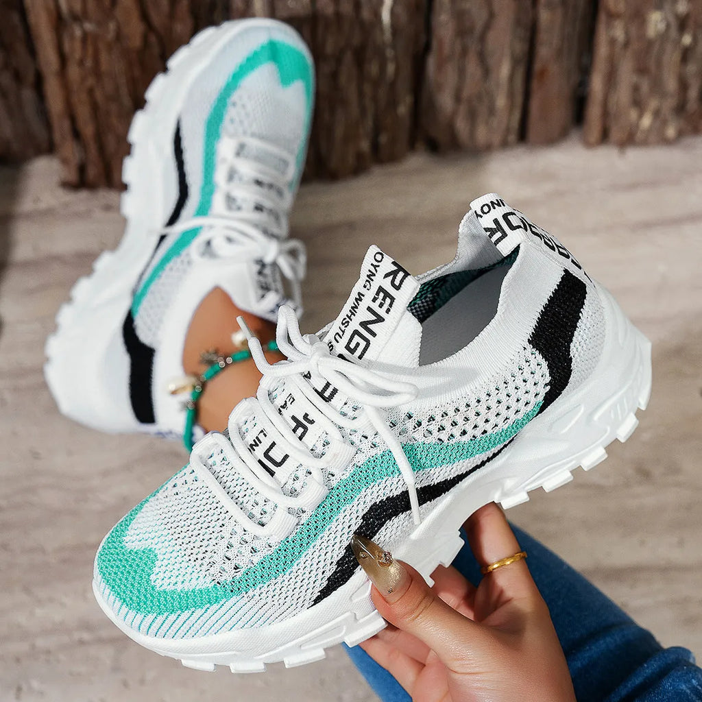 Women's casual sports shoes in mesh with lace-up front, shown in multiple colour options.
