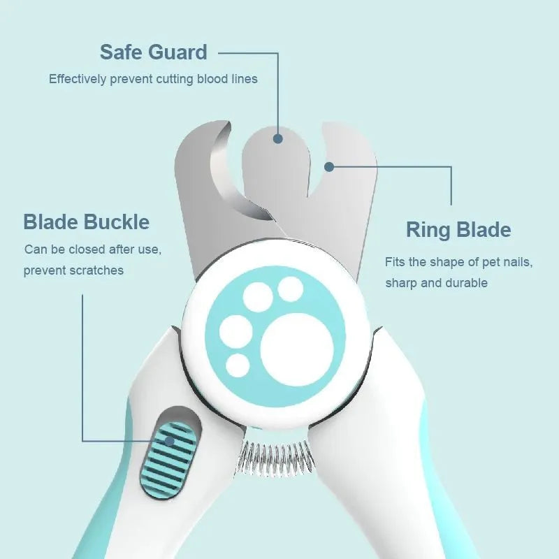 Blue and white professional pet nail clipper with safety lock and nail file for dogs and cats.