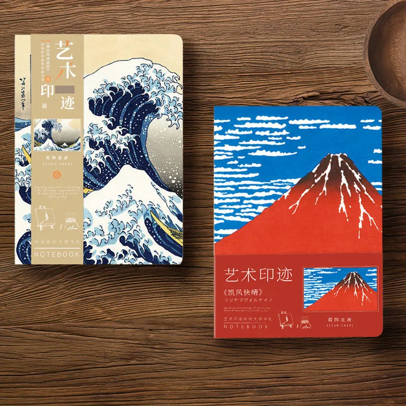Ukiyo-e Kanagawa wave art cover hand ledger notebook open on a table.